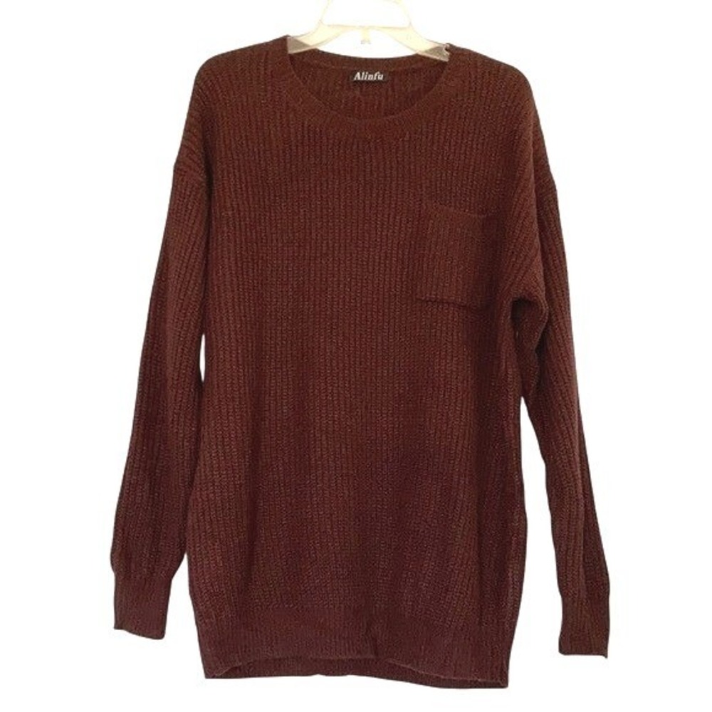 Alinfu Mens Burgundy Ribbed Knit‎ Crew Neck Sweater with Chest Pocket Maroon